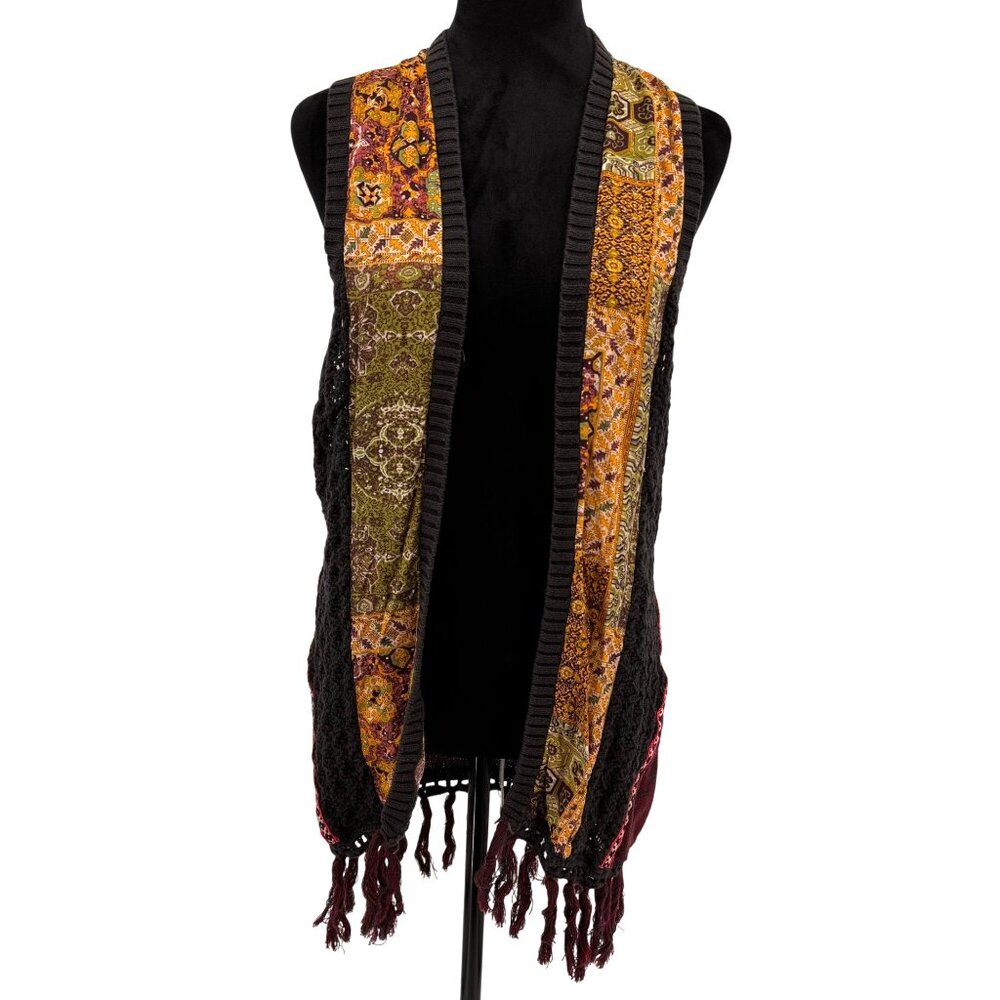 BKE Cardigan Sweater Vest Women M Patchwork Mixed Media Festival Hippie Bohemian